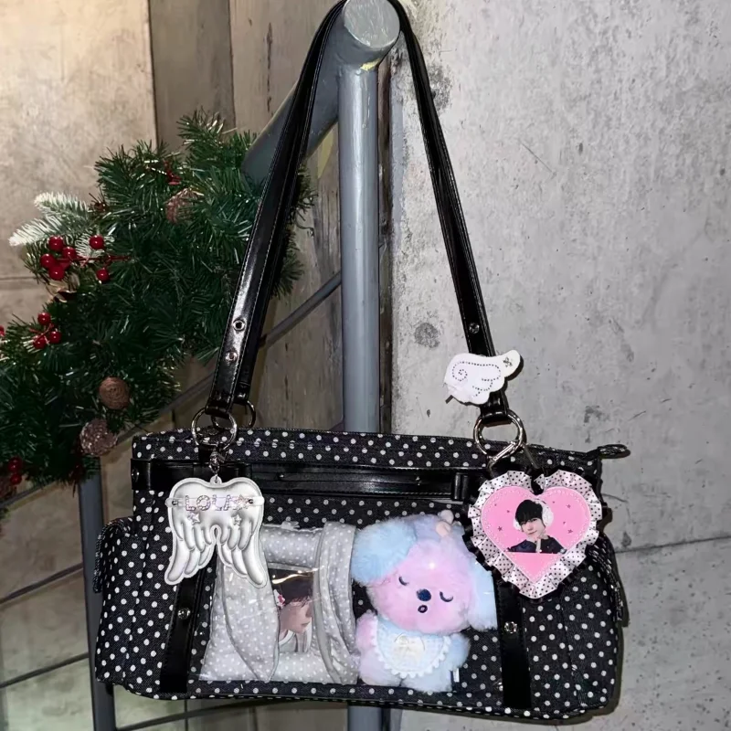 

Черная сумка-тоут в японском аниме-стиле с прозрачным слоем и бантом, в горошек, с большой вместимостью, на молнии, с множеством карманов