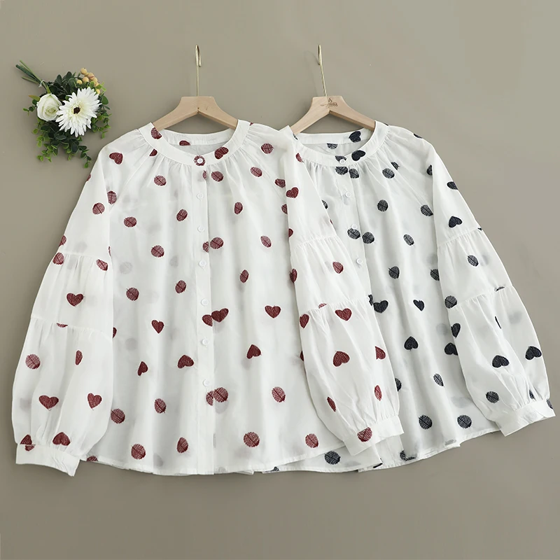 

2025 Spring New Japanese Vintage Mori Girl Polka Dot Heart Print Shirts Women O-Neck Long Sleeve Casual Loose Blouse Tops