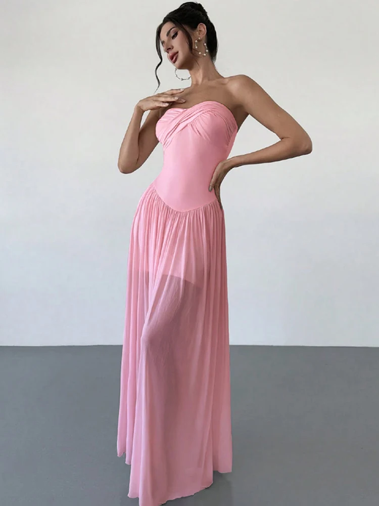 Sisterlinda Draped Patchwork Maxi Dress Classic Mesh Sheer Cross Strapless Skinny Vestidos Female Elegant Sweet Fetisval Frock