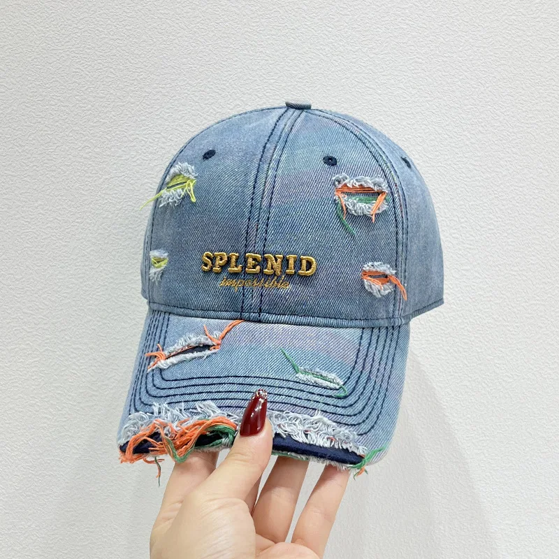 Neue Stil Frauen Kappe Tränen Stil Loch Vintage Bunte Linien Baseball Caps Weibliche Casual Outdoor Streetwear Denim Hut – Detail 9
