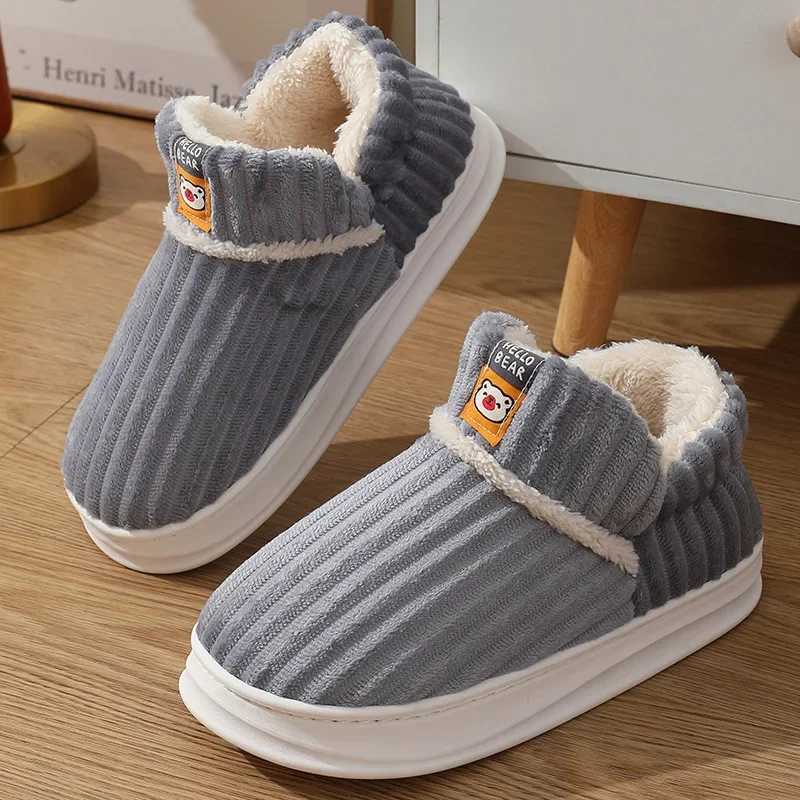 

New Fashion Winter Women Slippers Warm Plush Cotton Boots Men Outdoor Platform Non-Slip Thick Sole Fur Shoes Couple Slippers