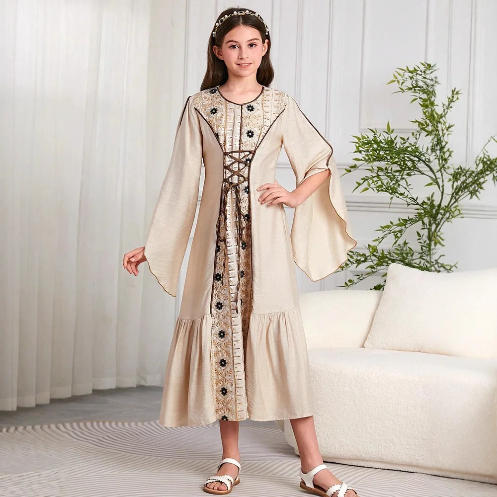 

Дубай Марокко мусульманское детское платье макси с вышивкой для девочек, халат Рамадан Ид, исламская детская одежда, арабская Абая, турецкое вечернее платье