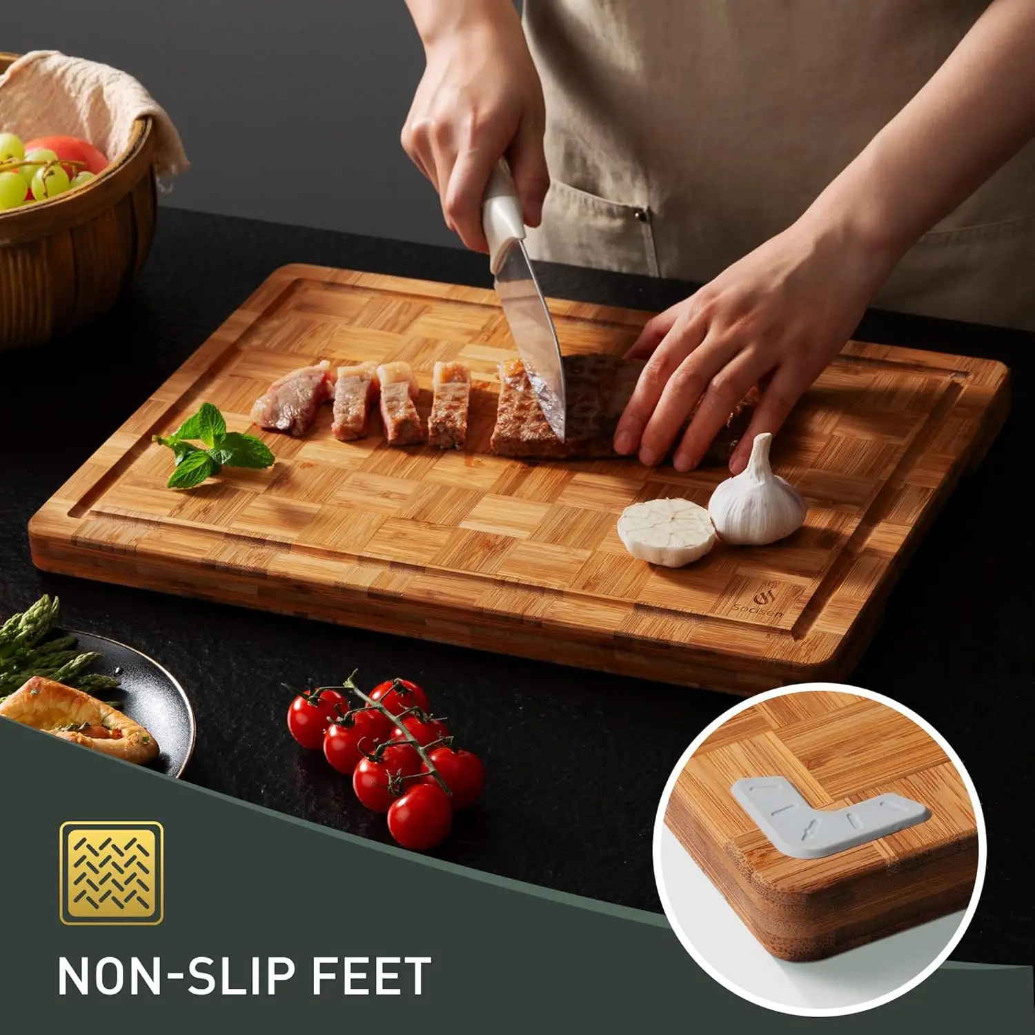 2-Pack Bamboo Cutting Boards Set, Non-Slip Thick Wood Chopping Board for Kitchen, Housewarming Gift