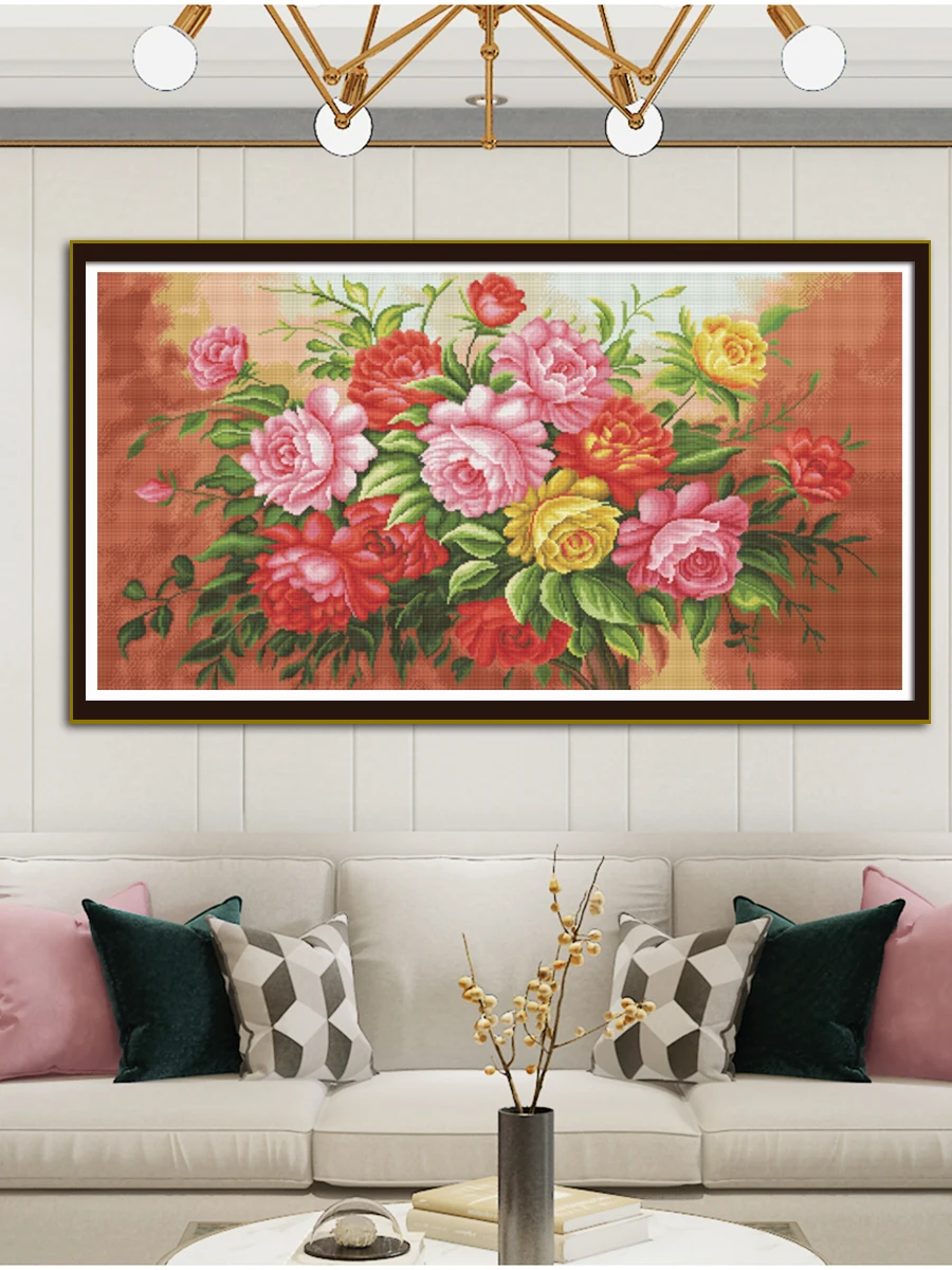 Peony Flower Cluster Cross Stitch DIY Embroidery Kit Home Fashionable Decorative Painting 11CT 9CT Printed Needlework Pack Set