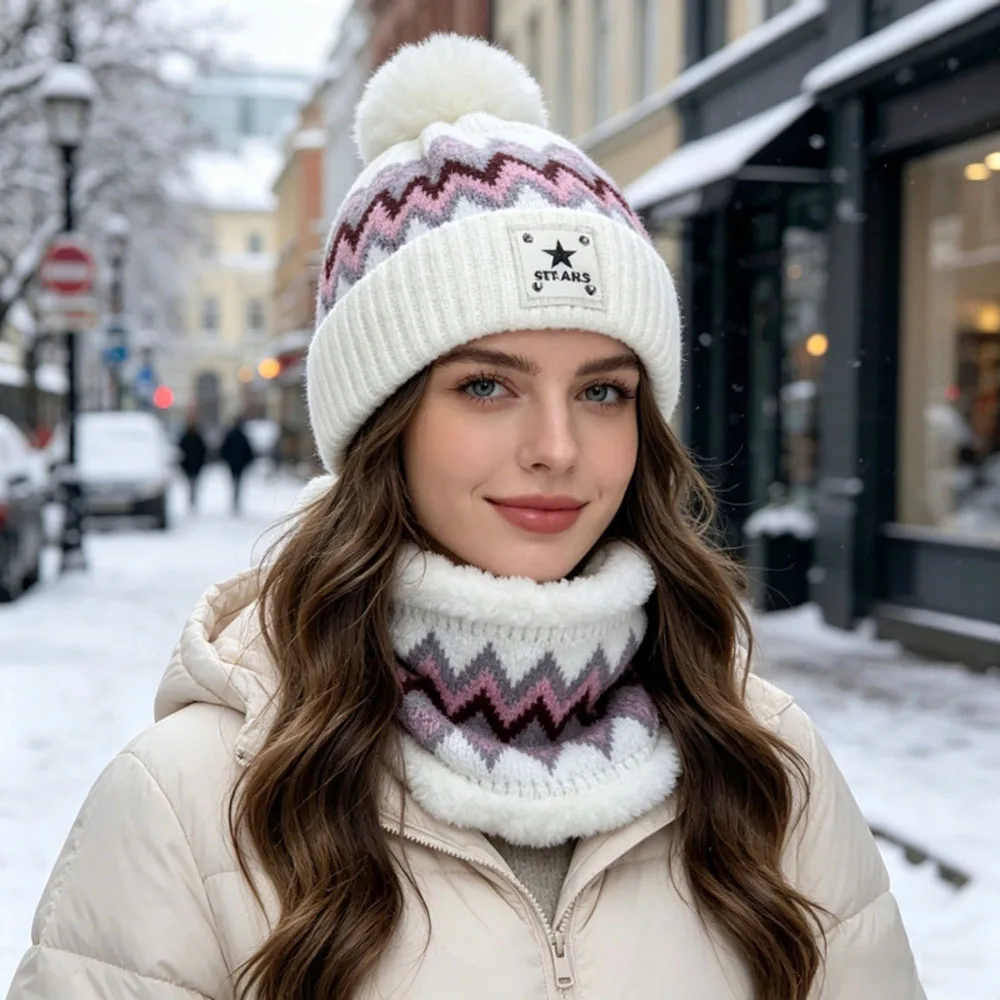 2PCS Winter Women Plush Velvet Hats Neck Warmer Hat Scarf Set Beanies Cycling Windproof Hat Outdoor Ear Protection