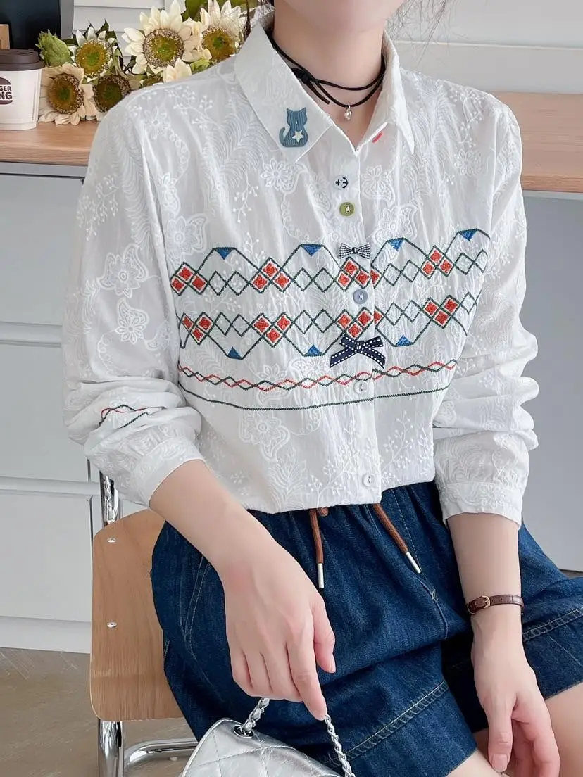 Japan Style Ethnic Embroidery Boho White Cotton Shirt Women Mori Girl Spring Autumn Turn Down Collar Long Sleeve Blouse Tops