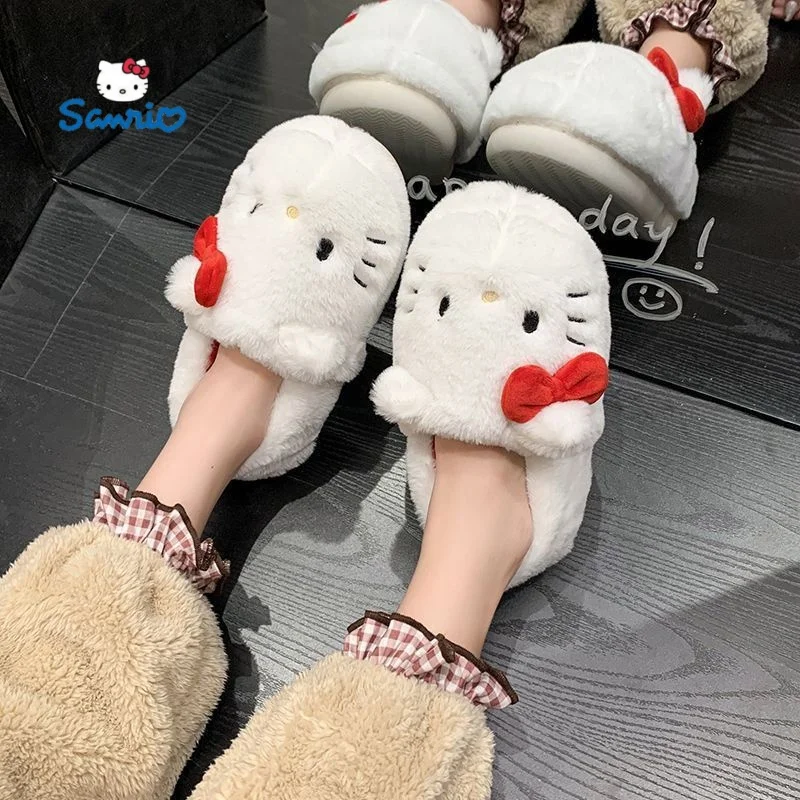 Sanrio Plush Slippers Hello Kitty Kawaii Cute Student Autumn Winter Bedroom Soft Padded Plush Bedroom Aldult Shoes Girls Gifts