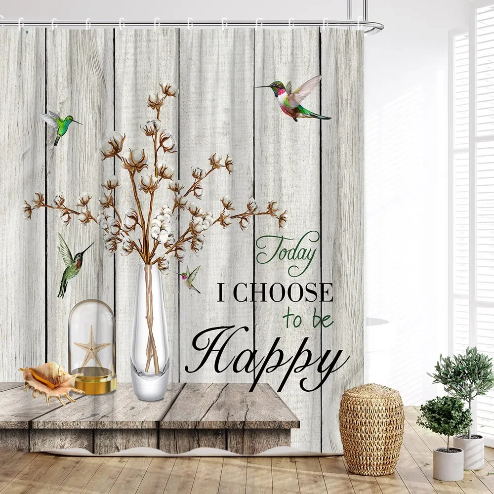 Floral Shower Curtain, Farm Rustic Wood Panel Hummingbird Butterfly Sunflower Inspirational Quote Printed Home Bathroom Decor