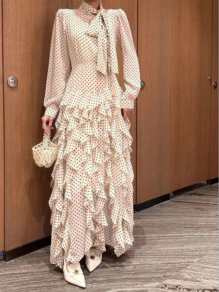 Sxthaenoo chique polka-dot vestidos femininos mangas compridas em camadas a linha vestidos de festa moda diária escritório tornozelo comprimento vestidos de noite