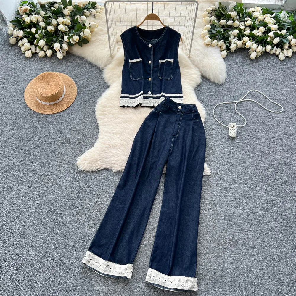 

SuperAen Fashion Women's Summer Style Fashion Design Pocket Lace Splicing Sleeveless Denim Top Wide Leg Pants