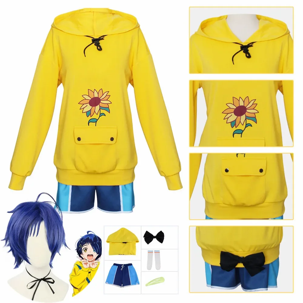 Anime Cosplay Wonder Egg Priority Ohto Ai Hoodie Pullover Costumes Yellow Sweatshirt Shorts Wig Sock Hairpin Suit