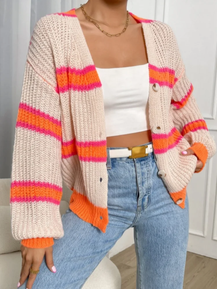 Autumn and winter cardigan sweater loose with striped knitted top lazy coat women