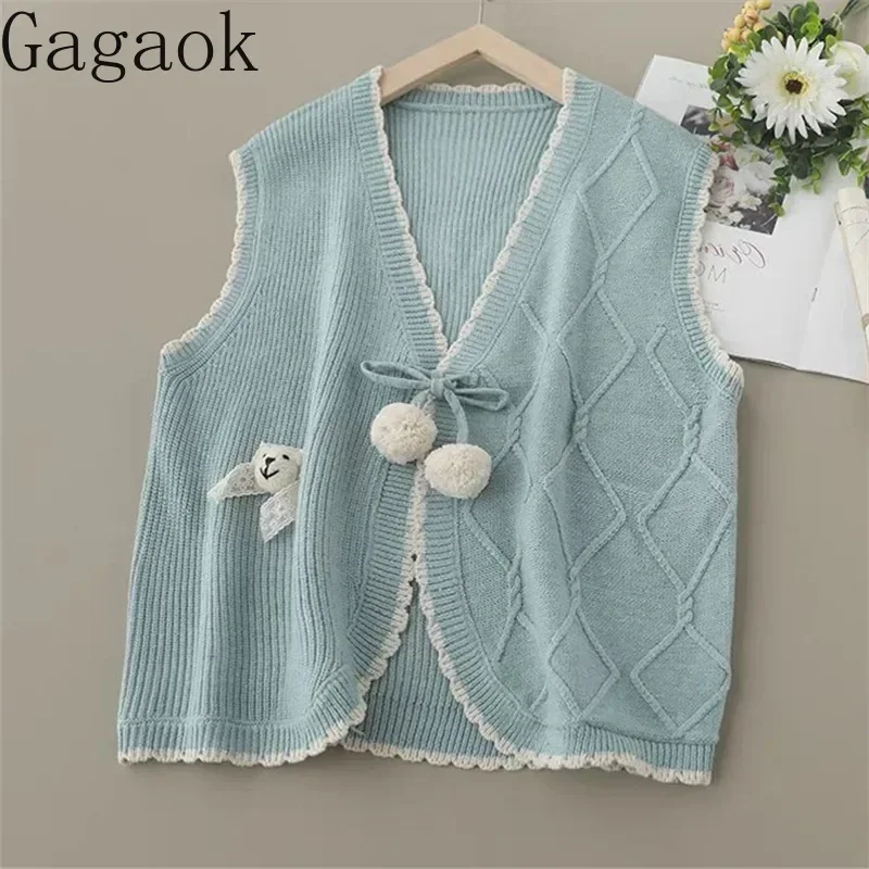 Gagaok Sweater Vest Women Clothes Sweet Cartoon Hairball Lace Up V-neck Knitted Vests Sleeveless Cardigan Waistcoat Fashion