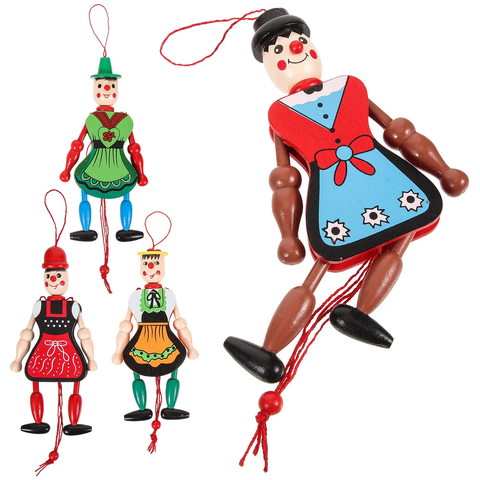 4Pcs Wooden Toy Set For Bag Hanging Decoration Christmas Party Favors Pull String Marionette Puppet Adorable Movable