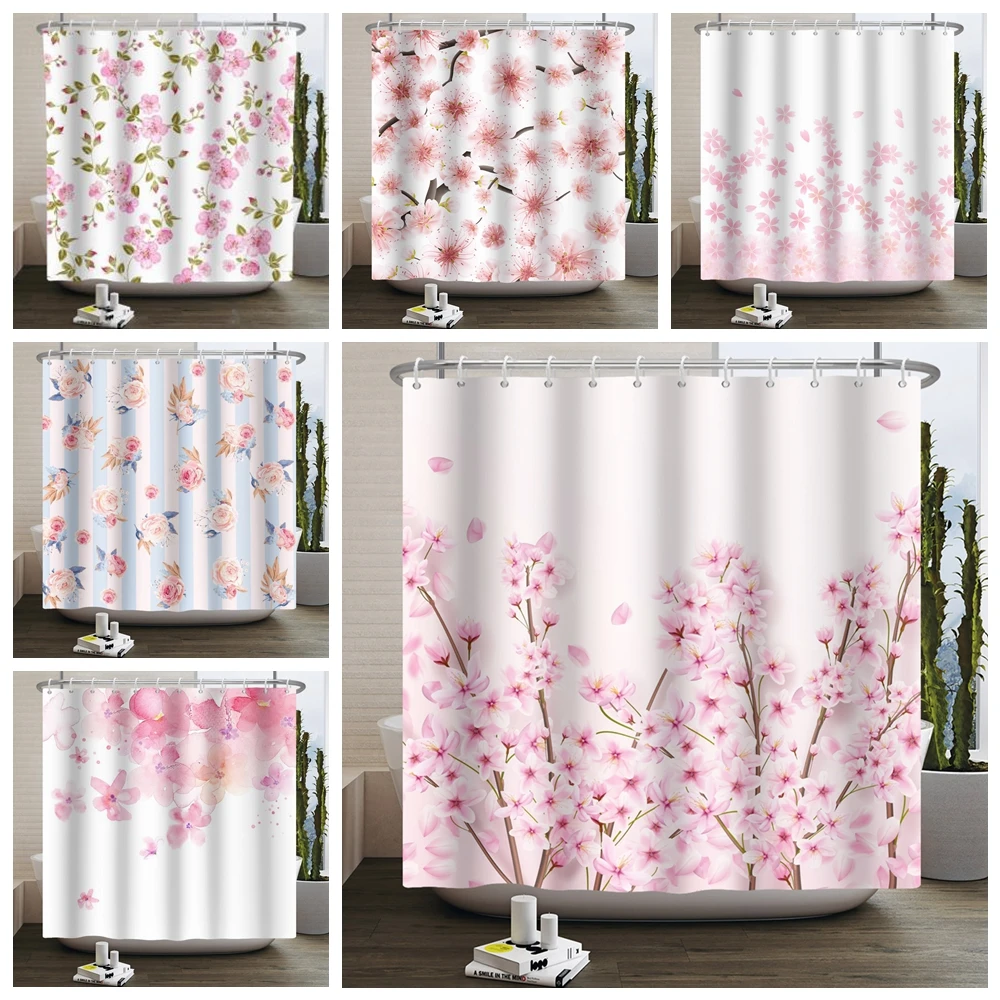 

Pink Flower Shower Curtain Print Fresh Flowers Waterproof Polyester Home Bathroom Partition Curtain Bathtub Decor with Hooks