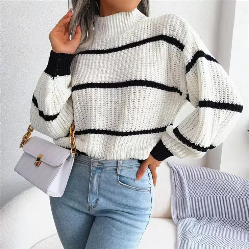 Women Striped Sweaters Half High Collar Splice Full Sleeve Top Pullovers Knit Lantern Sleeve Casual Office Lady Winter 2024