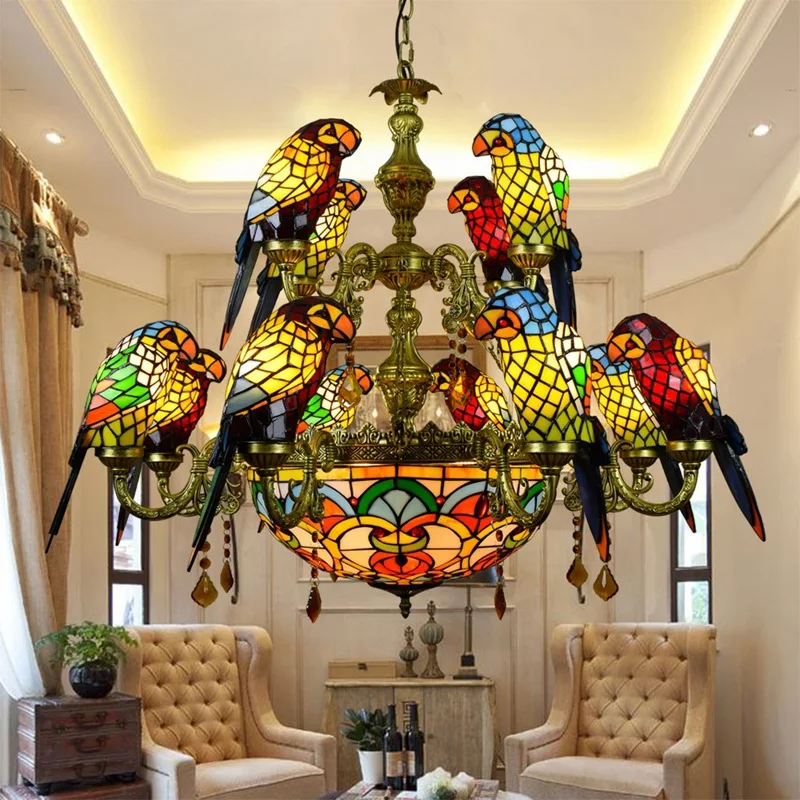 European Creative Mediterranean Retro Art Stained Glass Hotel Villa Bar Restaurant Living Room Light Parrot Chandelier