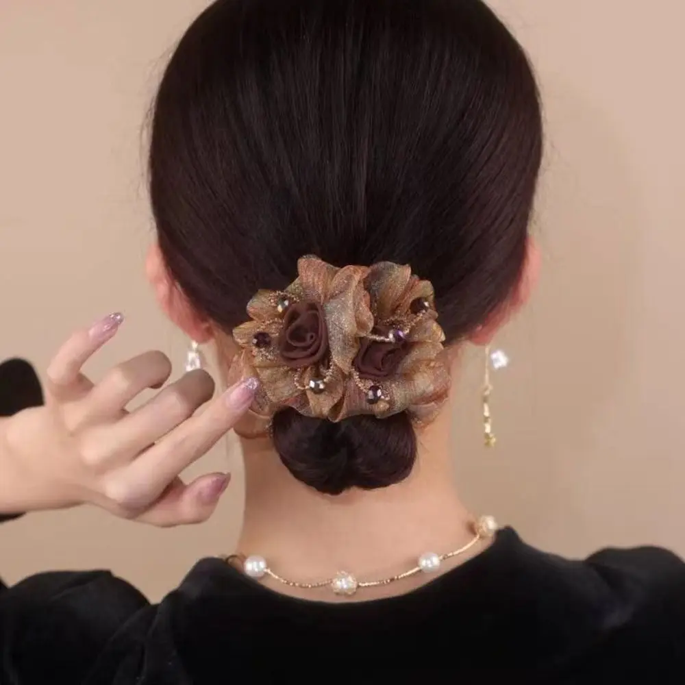 Crystal Bead Hair Scrunchies All-match Female Hair Accessories Korean Style Headwear Silk Yarn Rubber Band Flower Hair Rope