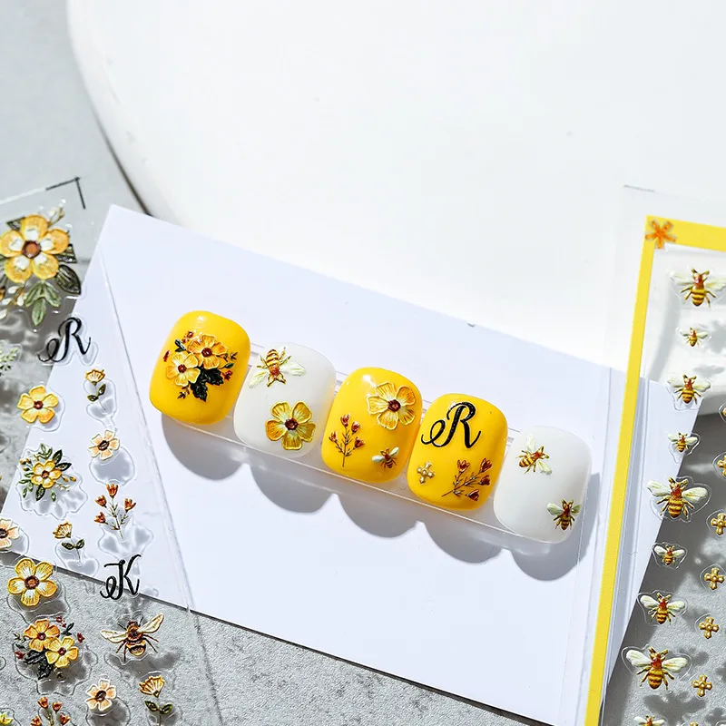 5D yellow embroidered bee kawaii nail stickers small yellow flower self-adhesive nail stickers embossed decorative nail stickers