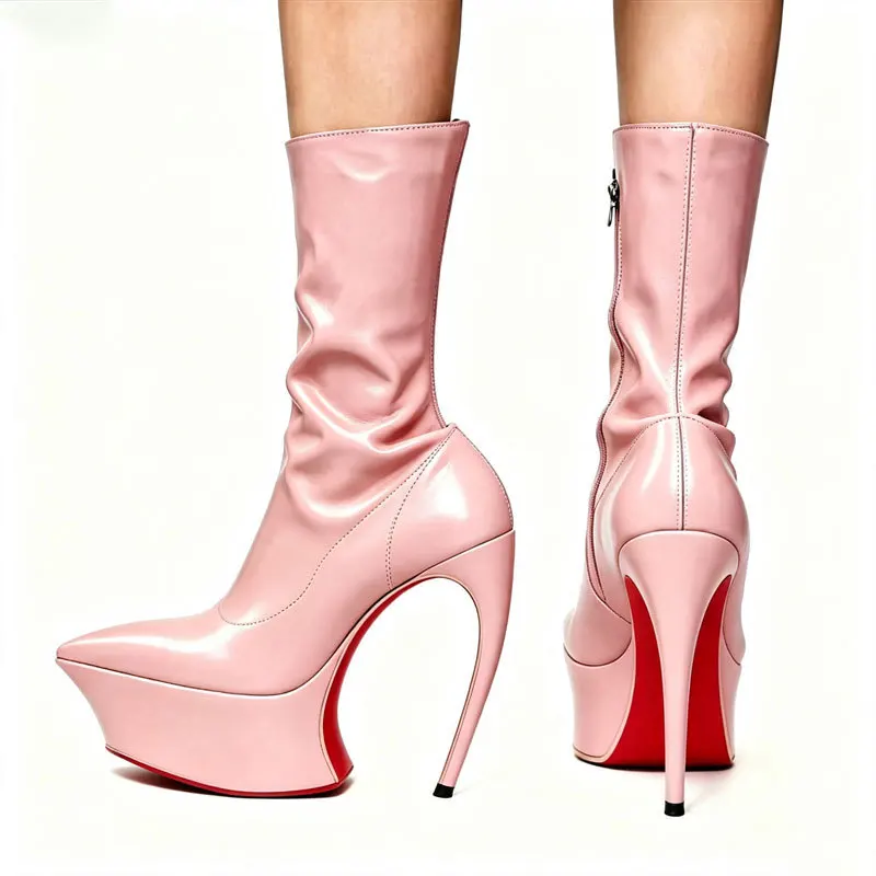 Platform Sole Distinctive Curved Heel Designer Pump Footwear Ankle Boots Women Sharp Pointed Toe Vivid Red Faux Leather Raise