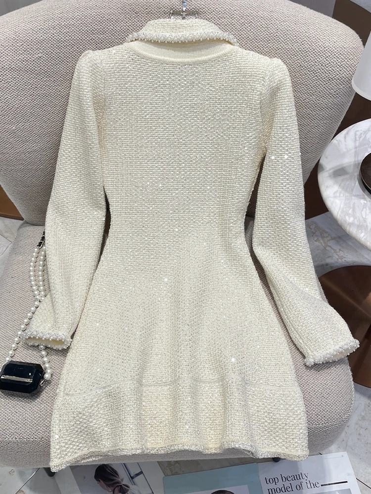 Autumn Winter Beaded Flower Diamonds Knitting Sweater Dress Women Long Sleeve Short Knitwear Knitted Prom Evening Dresses Beige