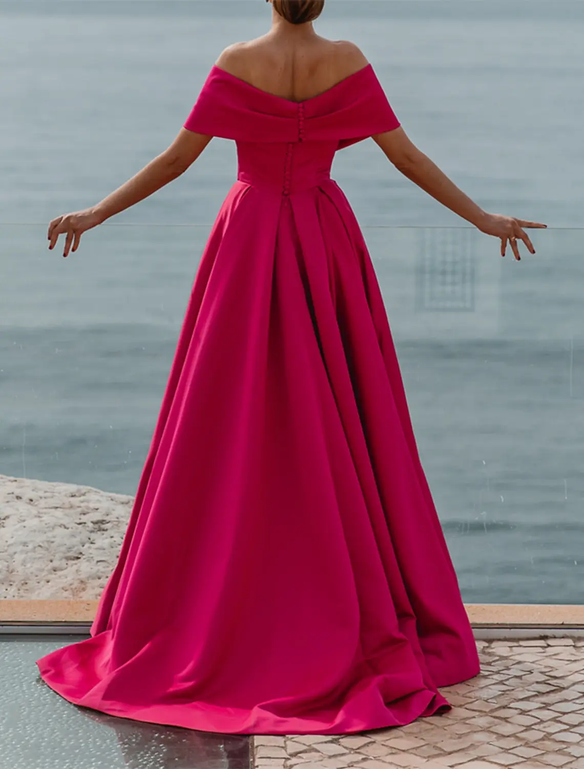 Abiti da sera in raso con spalle scoperte fucsia Sweetheart a-line abito da ballo senza schienale con spacco alto elegante abito da festa formale da