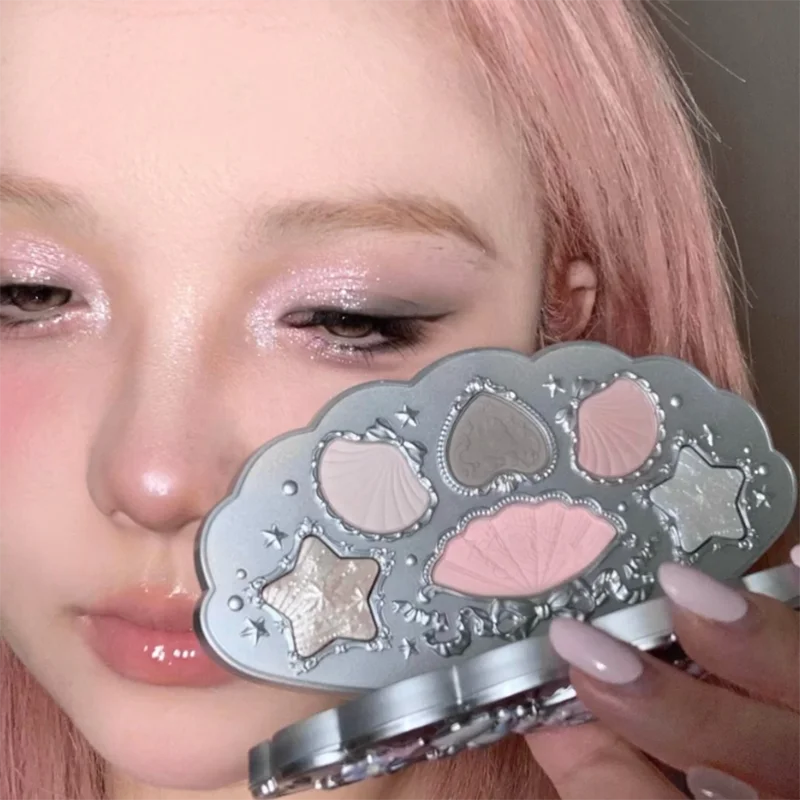 Paleta de Sombras Flower Knows Shell's Jewel: Maquiagem Bunny Garden Shimmer com 6 Cores, Glitter Fofo para Olhos e Pigmento de Beleza