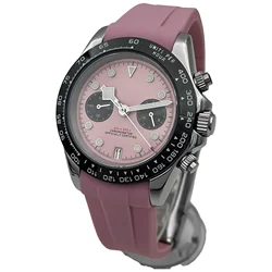 BLIGER 39mm VK64 Quartz Chronograph Watch For Men Black Pink Black Dial 5 Hand 6 O'clock Date Sapphire Crystal Rubber Strap