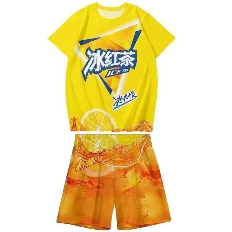 Summer iced black tea clothes set abstract funny T-shirt short-sleeved pants men's and women's printing trend couple student