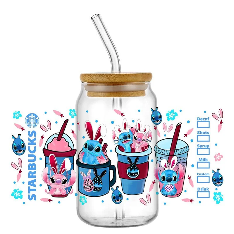 Miniso 16oz DTF Stitch Sticker Cups Cool autoadesivo impermeabile personalizza UV Wrap Transfer Sticker etichette personalizzate Logo fai da te