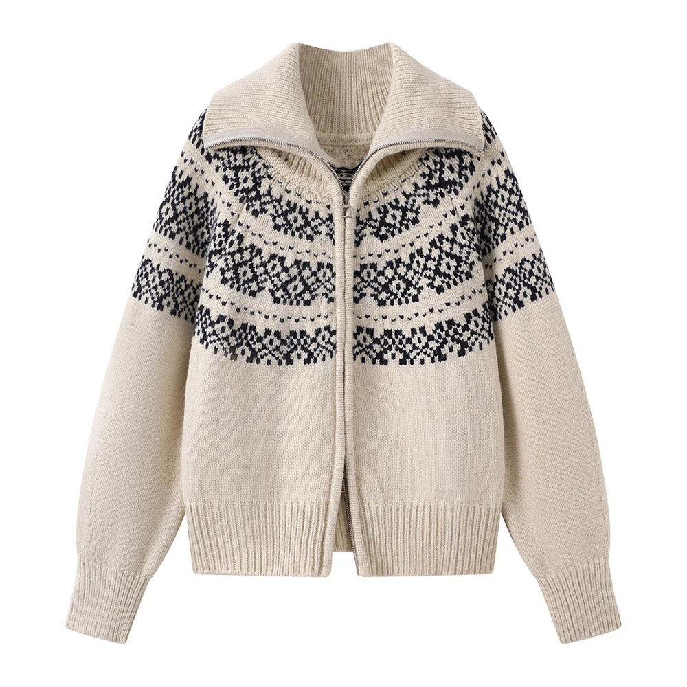 

Women Short Knit Zip Cardigan Sweater Fold Over Collar Loose Fit Winter Patterned Knit Top