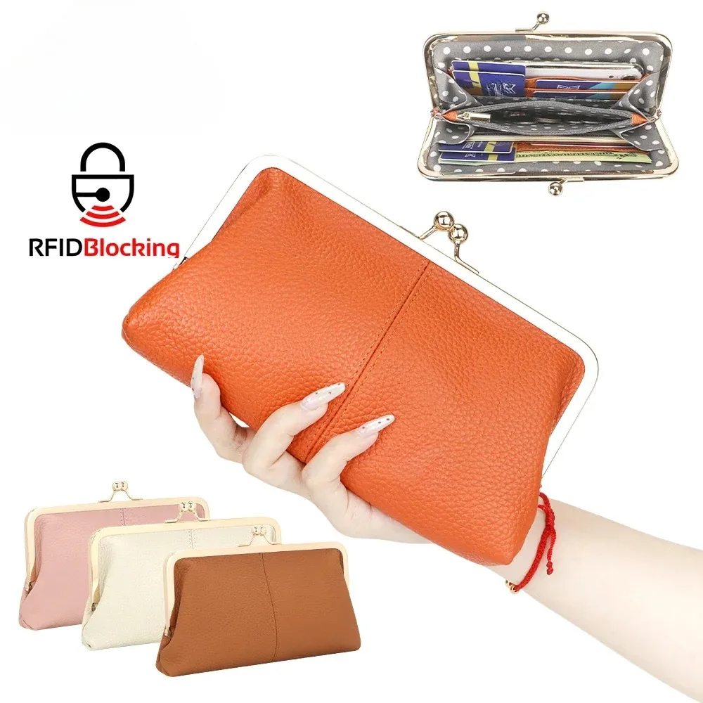 URBAN MASTER Fashion RFID Kiss Lock Wallet Solid Color Multi-card Slots Card Holder Genuine Leather Clutch Purses for Women 1468