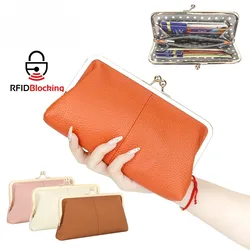 URBAN MASTER Fashion RFID Kiss Lock Wallet Solid Color Multi-card Slots Card Holder Genuine Leather Clutch Purses for Women 1468