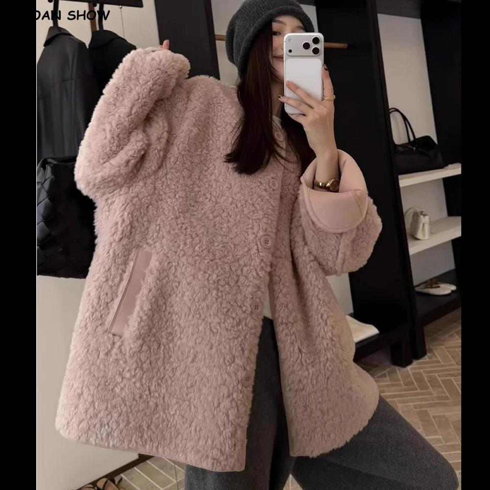 New 2025 Winter CHILL Curly Shaggy Faux Lamb Double-faced Fur Coat Women Open Buttons Long sleeve Warm Jacket Oversize Outerwear