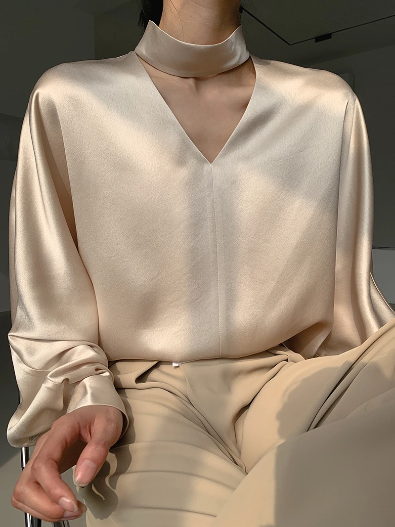 Oversize Women fashion casual Acetic acid satin shirt Comfortable and elegant V-neck Artificial silk blouse tops white khaki