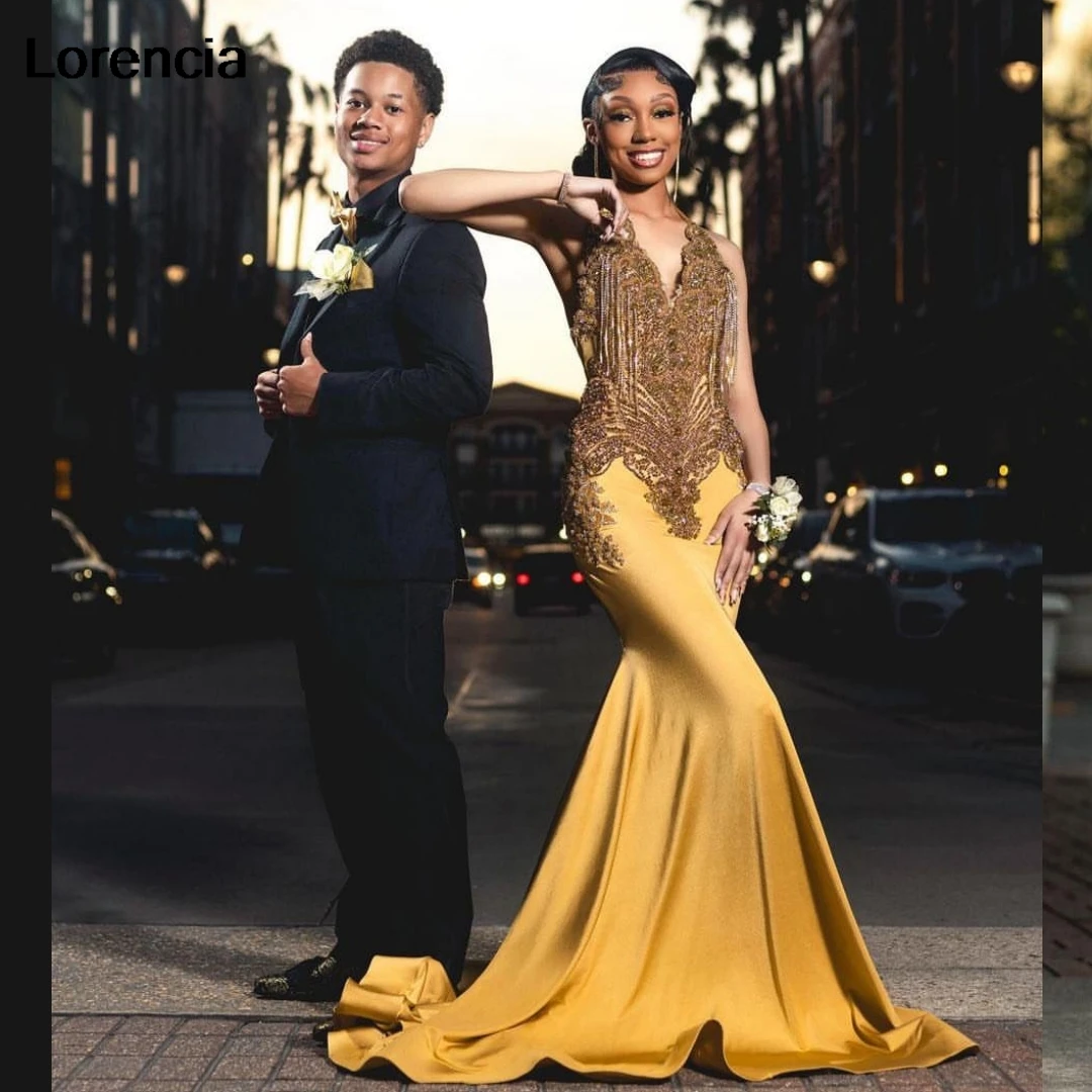 

Customized Gold Velvet Mermaid Prom Dress For Black Girls 2024 Sequins Crystals Beaded Formal Party Prom Gala Gown YPD162