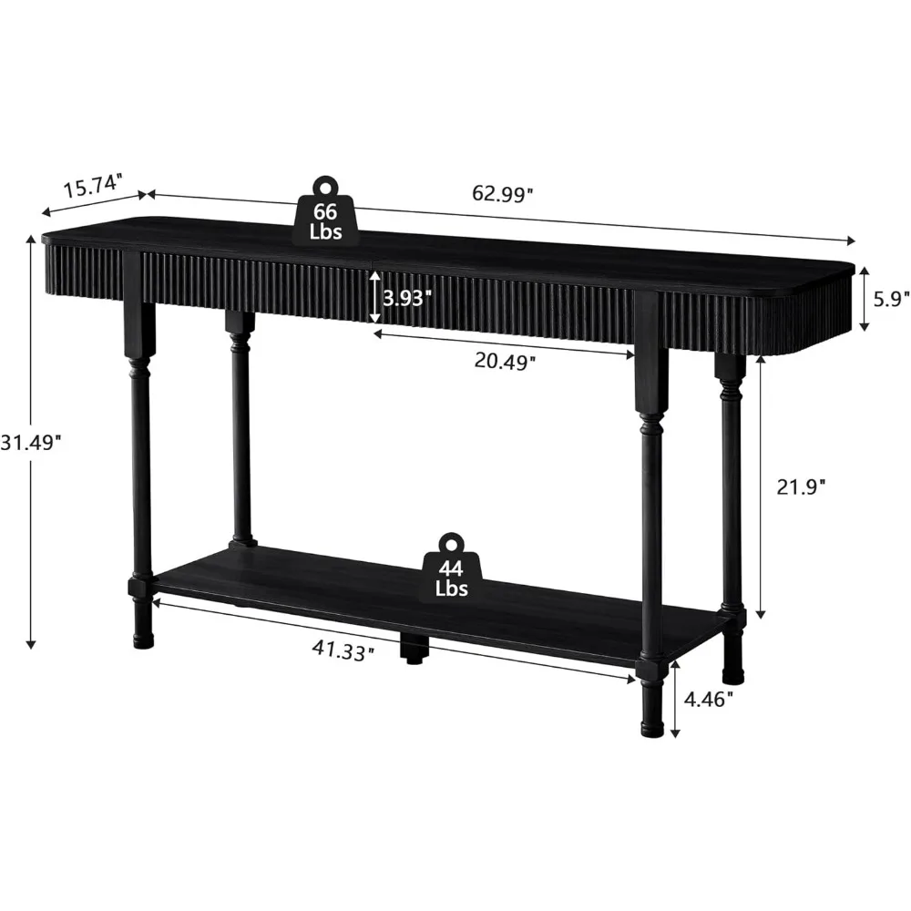 Sturdy 63'' Fluted Console Table with 2 Drawers, 2-Tier Long Entryway Tables with Open Storage, Wooden Narrow Sofa Table Behind