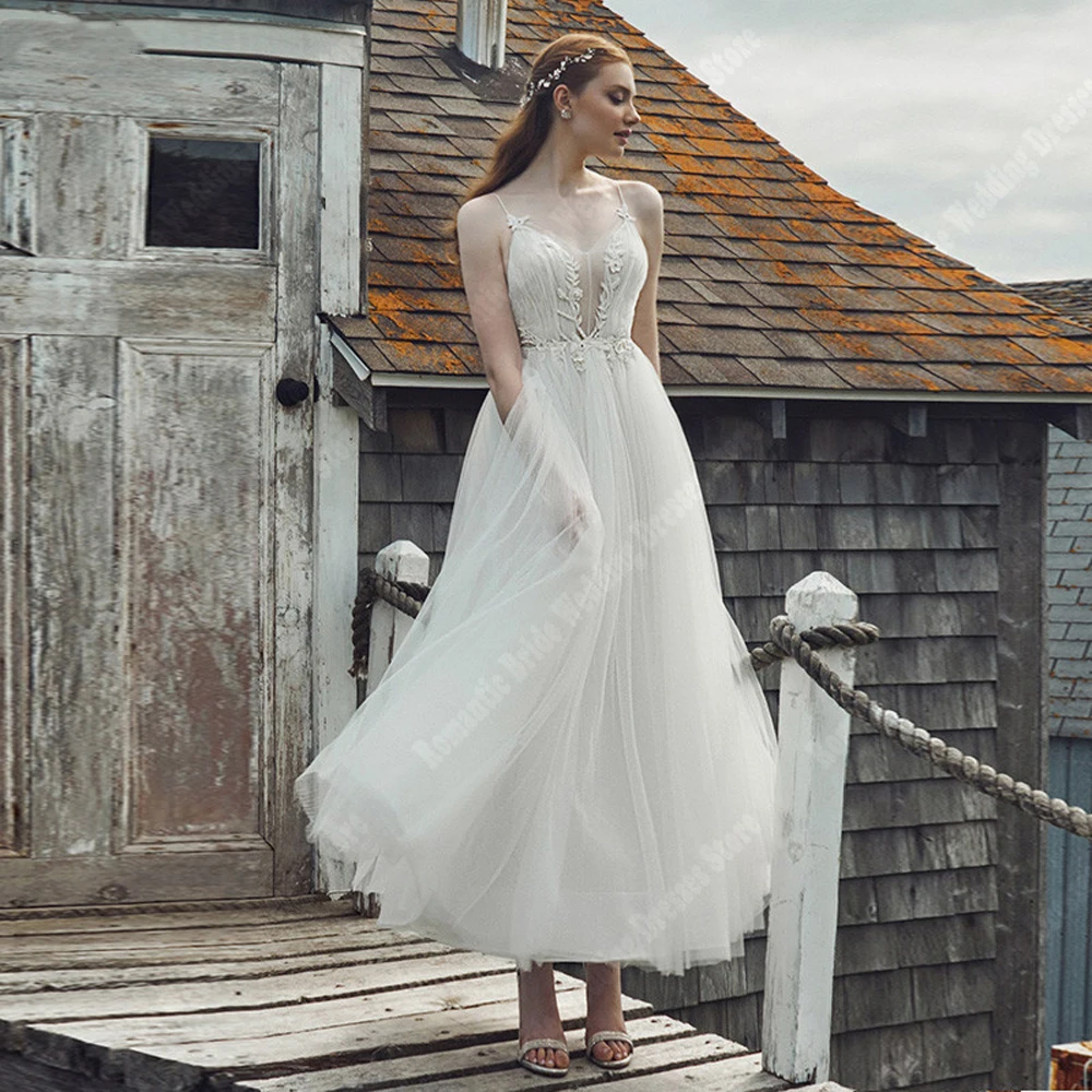 Vestidos De novia con cuello en V para mujer, ropa Popular sin mangas, hasta el fregado, De princesa, elegante, para banquete, 2024