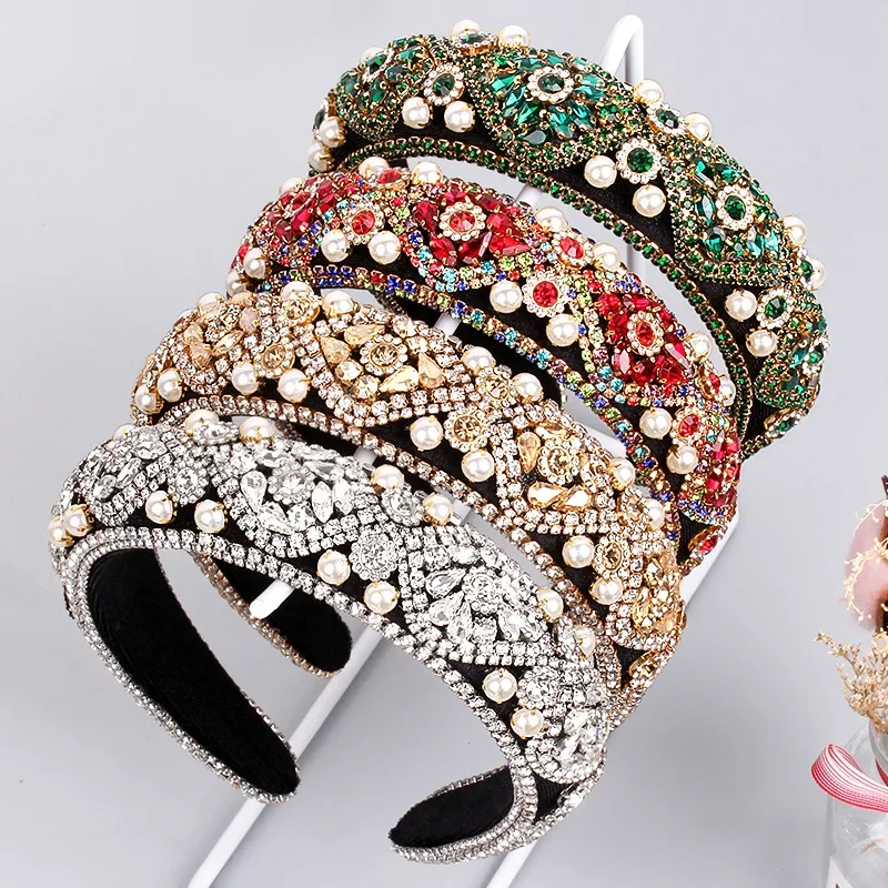 

Headband With Wide Edge Inlaid With Pearl Headband Heavy Craft Diamond Pearl Plush Fabric Vintage Sponge Head Hoops For Women