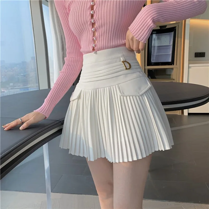 Pocket decoration A-line skirt, spring and summer Korean version solid color pleated high-waisted thin anti-walking short skirt