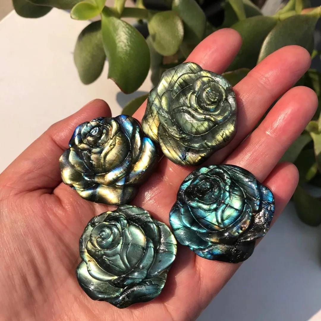 1 Pc Fengbaowu Natural Stone Labradorite Rose Flower Crystal Carved Handmade Home Decoration Housewarming Valentine's Day Gift