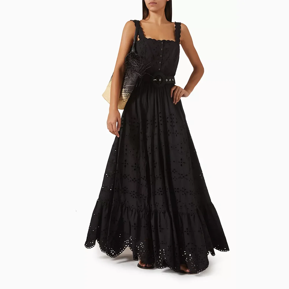 Black A Line Evening Dress Elegant Spaghetti Strap Square Neck Floor Length Evening Gowns Backless Party Dress Customized