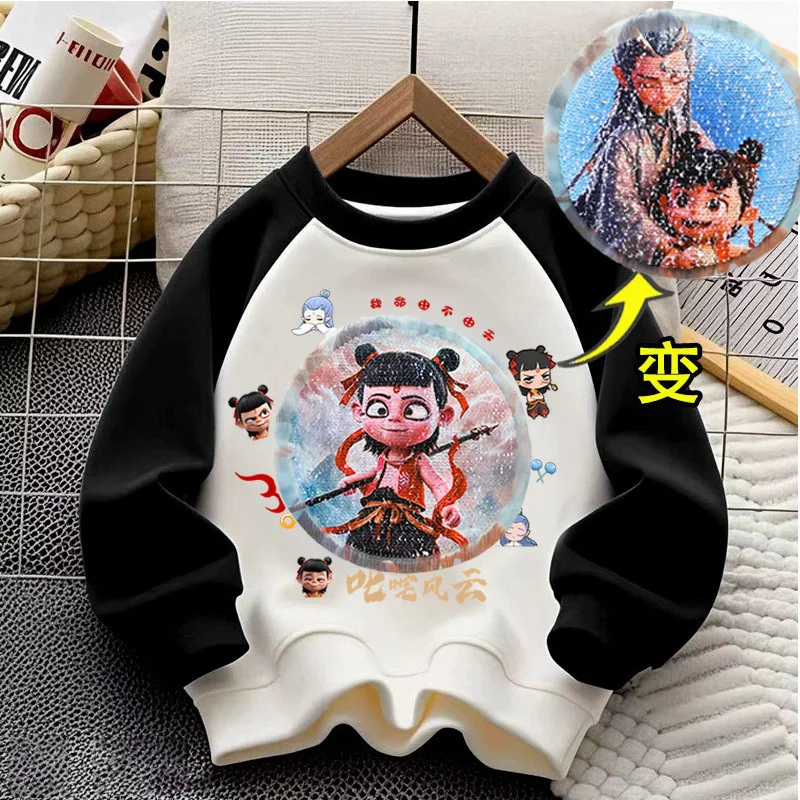 Nezha Spring and Autumn cartoon sequins boy hoodie children change color top children's clothing variable figure boys clothes