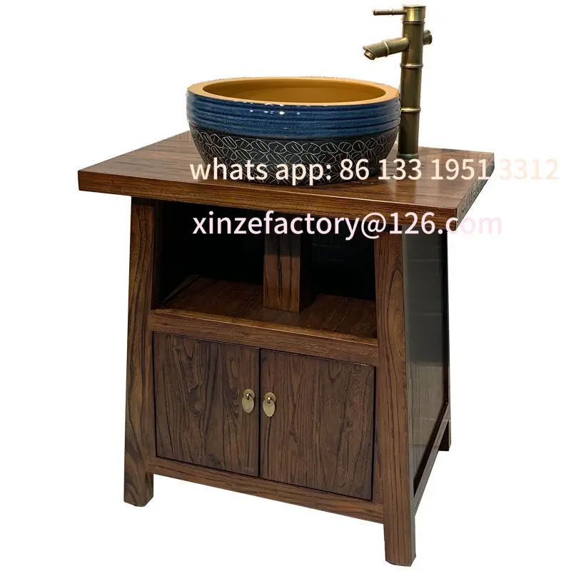 Lavandino antico personalizzabile, bagno dal pavimento al soffitto, combinazione di mobili da bagno per piccoli appartamenti in legno massello retrò