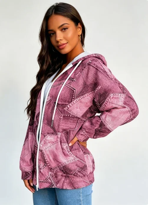 Denim Patchwork Print Hoodie Women Drawstring Hood Zip Up Casual Sweatshirt Coat