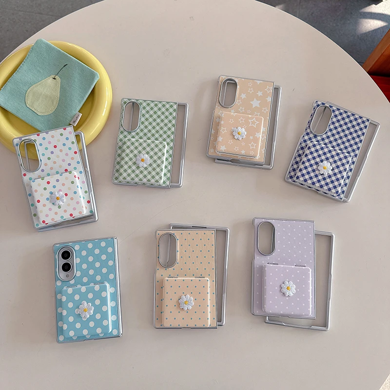 Korean Polka Dot Plaid Pattern Phone Case For Samsung Galaxy Z Fold 8 Z Fold8 Cover with Daisy Flower Mirror Stand Cute Cases