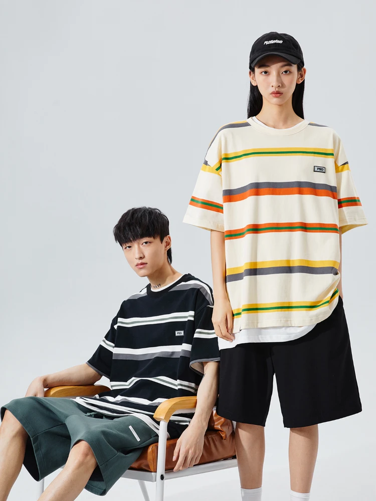 

Short-Sleeved T-shirt Men's and Women's Same Black and White Striped Color Matching Loose Casual Cotton Top Fashion SpringSummer