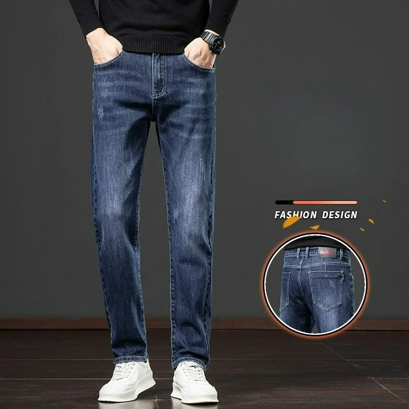 الرجال مستقيم فضفاض صالح جينز سترتش 2025 الخريف الشتاء النمط الكلاسيكي الأعمال عادية الشباب سميكة الدينيم الجينز تنوعا