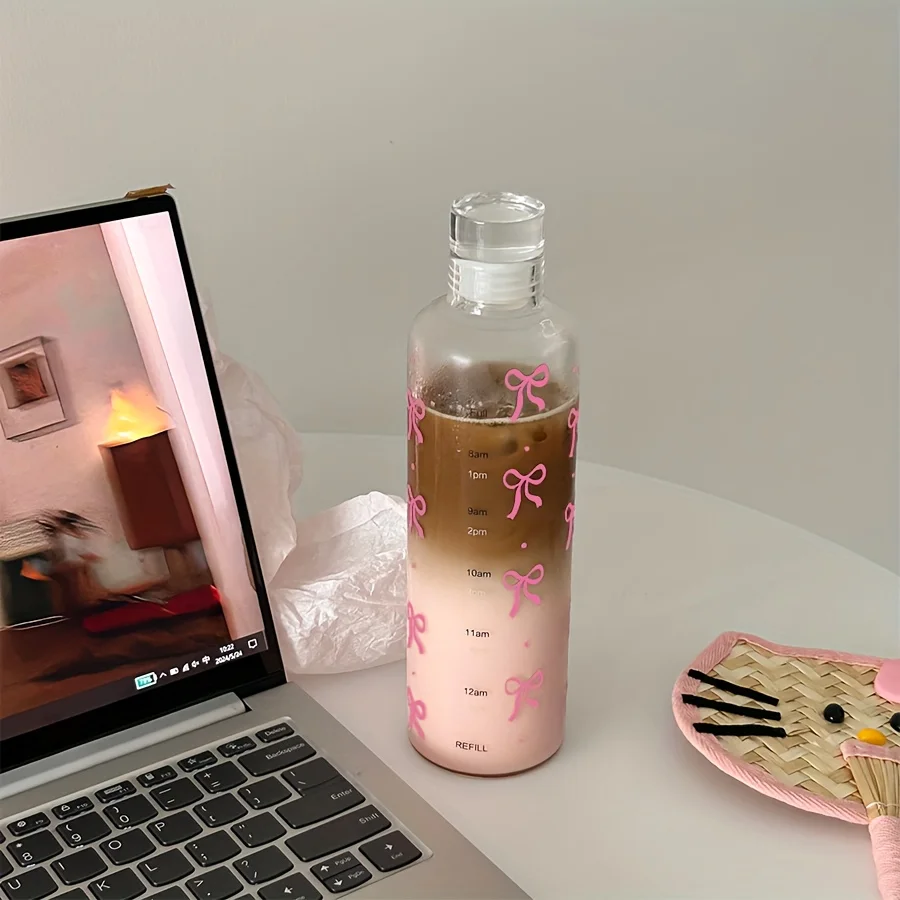 زجاجة مياه بلاستيكية بفيونكة كاواي 500 مل، كوب بمقياس زمني شفاف، زجاجة شرب للمدرسة الرياضية الخارجية، إبريق ماء بلاستيكي شفاف #3