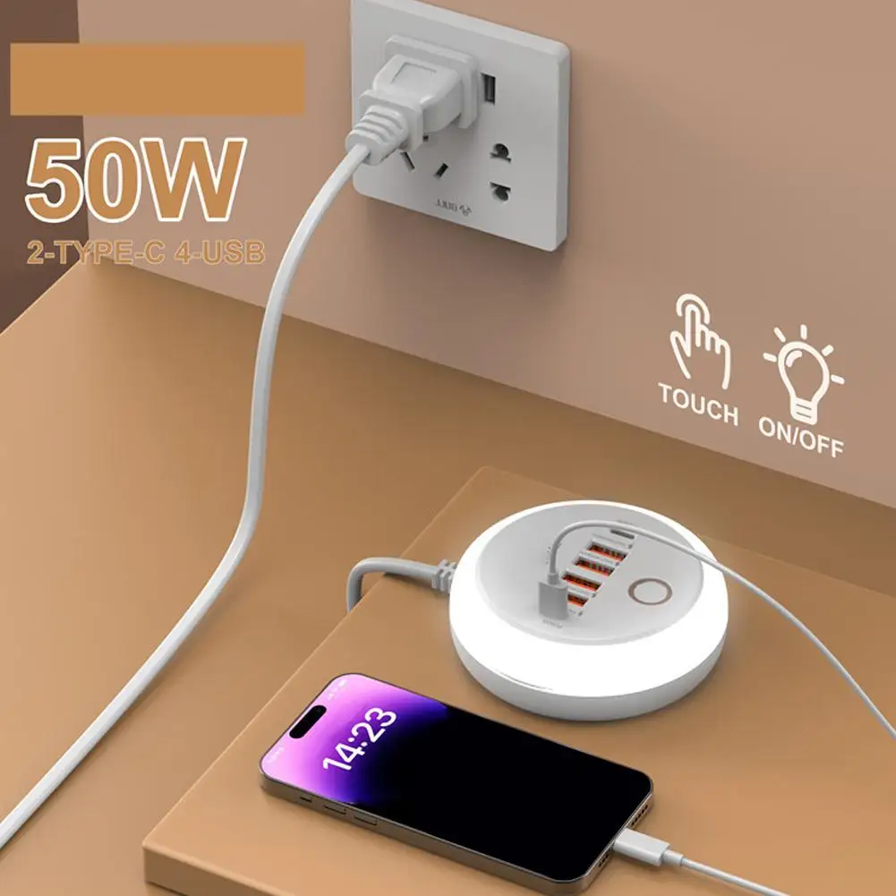 EU/UK/US Round PD20W Plug-in Charger 4USB Port +2TYPE-C Multi-port Intelligent Fast Charging Charger With Touch LED/ Fill Light